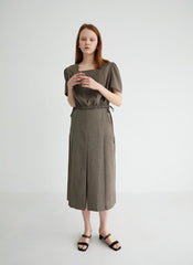 Square Neck Puff Sleeve Linen Blouse with Back Button Closure and Waist Drawstring Detail