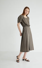 Square Neck Puff Sleeve Linen Blouse with Back Button Closure and Waist Drawstring Detail