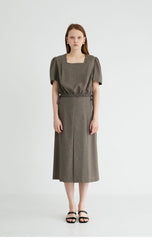 Square Neck Puff Sleeve Linen Blouse with Back Button Closure and Waist Drawstring Detail
