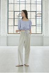 Plaid Linen Cropped Blouse with Square Neckline and Drawstring Hem – Puff Sleeve Summer Top