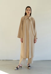 Relaxed Linen Blend Belted Coat Dress with Covered Placket and Draped Back Pleat Detail