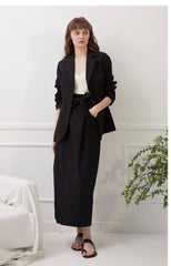 High-Waisted Linen Midi Skirt with Waist Tie and Front Slit for Sleek Tailored Styling