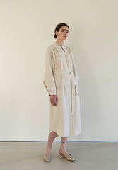 Linen Blend Belted Midi Coat Dress with Soft Shoulder Pleats and Covered Button Placket