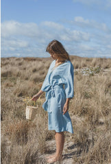 Linen Midi Wrap Dress with Waist Tie and Back Cut-Out Detail