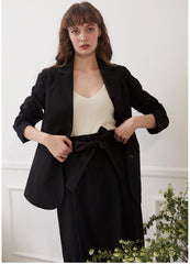 High-Waisted Linen Midi Skirt with Waist Tie and Front Slit for Sleek Tailored Styling