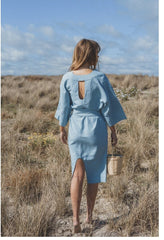 Linen Midi Wrap Dress with Waist Tie and Back Cut-Out Detail
