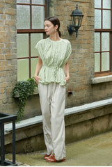 Crinkled Linen Blouse with Waist Tie and Button Front – Cap Sleeve Peplum Summer Top