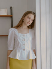Linen Peplum Blouse With Square Neckline And Statement Buttons