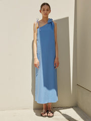 One-Shoulder Linen Midi Dress with Adjustable Bow Straps and Raw Edge Hemline