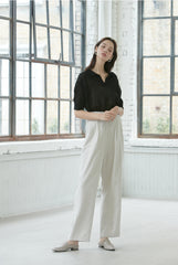 Relaxed Linen Polo Collar Blouse – Short Sleeve Buttonless Shirt for Effortless Summer Looks