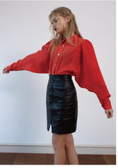 Linen Button-Up Shirt with Structured Collar and Long Puff Sleeves