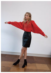 Linen Button-Up Shirt with Structured Collar and Long Puff Sleeves