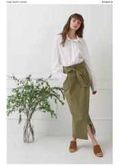 High-Waisted Linen Midi Skirt with Front Slit and Tie Belt for Structured Everyday Elegance