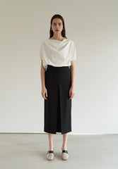 Linen Blend High-Waisted Midi Skirt with Front Center Vent and Sleek Tailored Silhouette