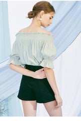 Off-Shoulder Linen Blouse for Women with Smocked Neckline and Puff Sleeves – Elegant Summer Top