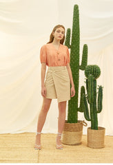 Asymmetric Wrap High-Waist Skirt in Linen Fabric with Minimalist Button Detail