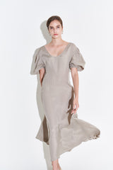 Silk Midi Dress for Women with Puff Sleeves and Scoop Neckline – Flared Hem and Elegant Fit