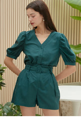 Structured Linen Blouse With Puff Sleeves and V-Neckline