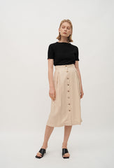 High-Waisted Linen Midi Skirt with Front Button Closure and Back Vent for Easy Movement