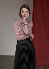 Ruffled Silk Blouse for Women with Long Sleeves and Button Front – Elegant Shiny Draped Top
