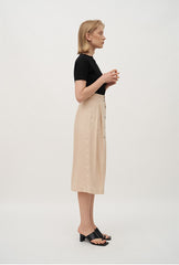 High-Waisted Linen Midi Skirt with Front Button Closure and Back Vent for Easy Movement