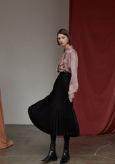 High-Waisted Pleated Silk Midi Skirt for Women with Elastic Waistband – Elegant Evening Bottom