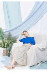 Off-Shoulder Linen Blouse for Women with Elastic Shirred Neckline and Puff Sleeves