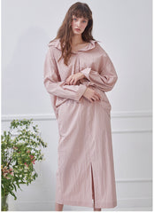 Linen Midi Skirt with Straight Cut, Front Slit, and Soft Waistband Detailing