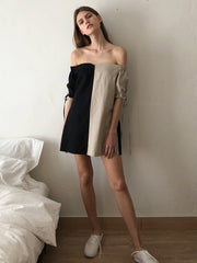 Two-Tone Off-Shoulder Linen Mini Dress with Puff Sleeves and Adjustable Drawstring Detail