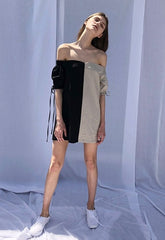 Two-Tone Off-Shoulder Linen Mini Dress with Puff Sleeves and Adjustable Drawstring Detail
