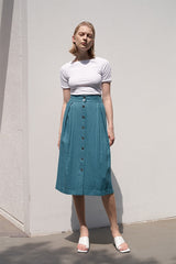 High-Waisted Button-Front Midi Skirt in Premium Linen Blend with Tailored Pleat Detailing