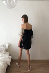 Off-Shoulder Linen Mini Dress with Puff Sleeves and Adjustable Tie Accents