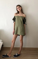 Off-Shoulder Puff Sleeve Midi Dress in Lightweight Breathable Linen Fabric for Women