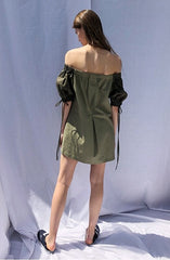 Off-Shoulder Puff Sleeve Midi Dress in Lightweight Breathable Linen Fabric for Women