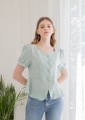 Linen Peplum Blouse for Women with Puff Sleeves and Square Neckline for a Soft Feminine Silhouette