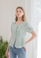 Linen Peplum Blouse for Women with Puff Sleeves and Square Neckline for a Soft Feminine Silhouette