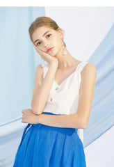 Sleeveless Button Front Linen Top for Women with Back Tie and Soft V-Neckline