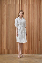 Belted Linen Midi Dress with Structured Lapel Collar and Utility Pockets for Effortless Elegance