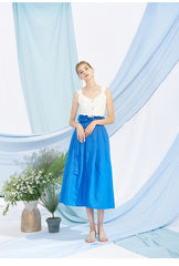High-Waisted A-Line Linen Skirt for Women with Belted Waist and Flowing Midi Silhouette