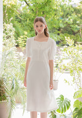 Square Neck Linen Midi Dress with Puff Sleeves and Front Button Detail for Elegant Summer Styling