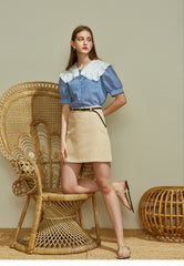 Gingham Linen Blouse with Oversized Embroidered Collar and Puff Sleeves for Vintage Charm