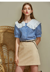 Gingham Linen Blouse with Oversized Embroidered Collar and Puff Sleeves for Vintage Charm
