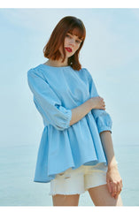 Relaxed Fit Linen Blouse With Peplum Hem And Three-Quarter Sleeves
