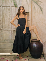 Sleeveless Tiered Linen Dress With Square Neckline And Open Back Bow Detail