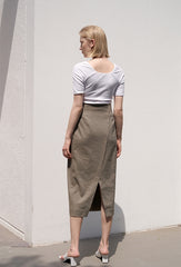 High-Waisted Button Detail Wrap Linen Skirt with Back Vent – Elegant Midi Length Design