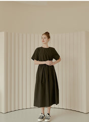 Relaxed Fit Linen Dress with Gathered Waist and Short Sleeves for Effortless Modern Style