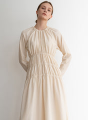Elegant Long-Sleeve Gathered Midi Dress in Premium Linen with Flattering Waist Detailing