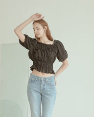 Smocked Linen Puff Sleeve Top With Ruffle Hem and Square Neckline for Elegant Casual Style