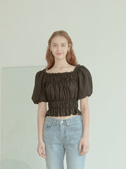 Smocked Linen Puff Sleeve Top With Ruffle Hem and Square Neckline for Elegant Casual Style