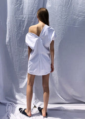 Asymmetrical One-Shoulder Linen Dress with Puff Sleeve and Sculpted Silhouette